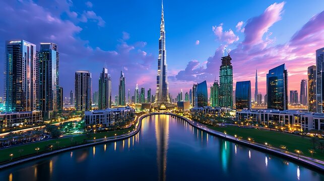 Dubai Skyline Sunset Reflection.