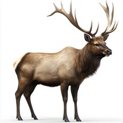 Obraz premium A full-body, profile view of an elk against a pure white background. The image features a digitally rendered elk with detailed texturing showcasing the variations in fur color—ranging from light to