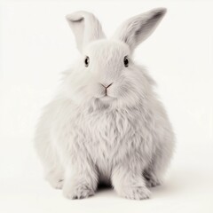 Obraz premium A close-up, front-view photograph of a white rabbit against a stark white background. The rabbit's fur is depicted with significant detail, showcasing its texture and fluffiness. The lighting is soft