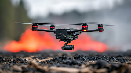 A drone hovers above a fiery scene potentially used for surveying or monitoring wildfire situations. The image captures the intersection of technology and nature.