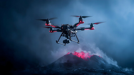 A drone surveys an erupting volcano. Application: monitoring geological events collecting data in hazardous environments or for scientific research and exploration.