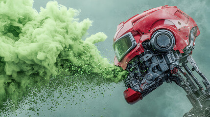 A robot head exhales green smoke. Ideal for science fiction book covers or futuristic art projects. Depicts technology pollution and environmental themes.