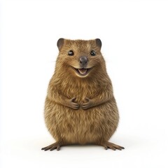 Obraz premium A close-up studio shot of a quokka against a pure white background. The image showcases the animal's detailed, fluffy brown fur, with a prominent focus on its expressive face. The quokka is depicted