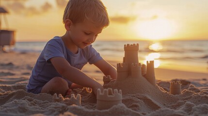 Young child building an intricate sandcastle on beach at sunset with golden light reflecting on the water in the background