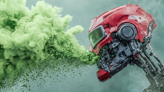 A robot head exhales green smoke. Ideal for science fiction book covers or futuristic art projects. Depicts technology pollution and environmental themes.