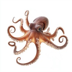 Obraz premium The image showcases a detailed close-up of an octopus against a pure white background. The octopus is centrally positioned, its eight arms gracefully outstretched, revealing intricate details of its