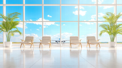 serene airport lounge featuring modern chairs and large windows, allowing natural light to flood space. view includes airplane on runway, creating sense of luxury and travel anticipation