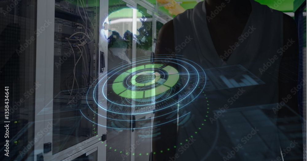 Poster analyzing digital interface, engineer focusing on futuristic technology in data center