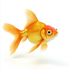 Fototapeta premium A detailed close-up studio shot of a single goldfish against a pure white background. The fish displays a vibrant orange hue with subtle yellow undertones and a reddish cap on its head. The scales