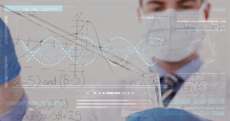 Scientist in lab coat analyzing data with futuristic digital interface overlay