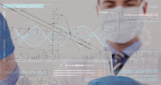Scientist in lab coat analyzing data with futuristic digital interface overlay
