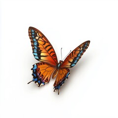 Naklejka premium A detailed close-up illustration of a butterfly in flight against a pure white background. The butterfly showcases a predominantly orange body with intricate patterns of blue and black along its wing