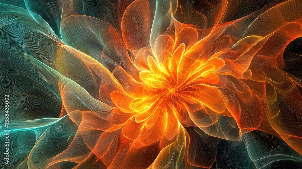 Poster abstract vibrant swirl of colorful flowing lines creating an intricate floral design with warm hues 