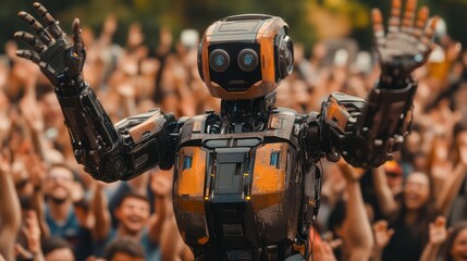 Robot raises arms in front of crowd of cheering people
