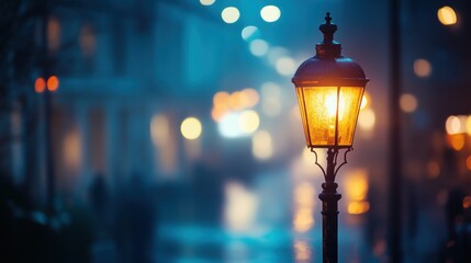 Illuminated street lamp on a foggy night, city background blurred.