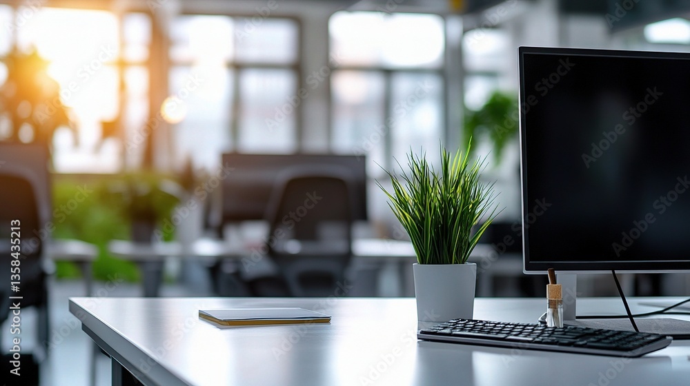 Poster modern brightly lit office space with soft bokeh background