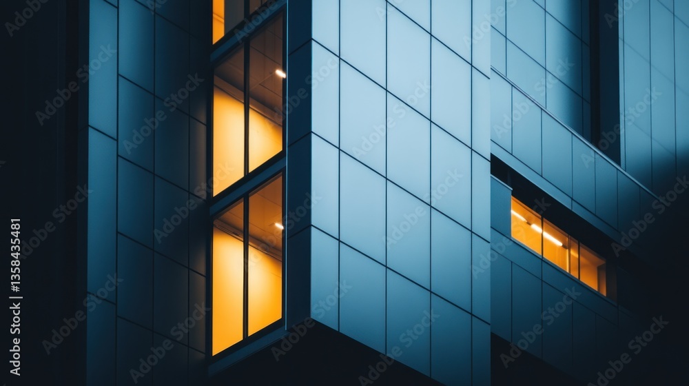 Poster illuminated windows in a modern building at night.