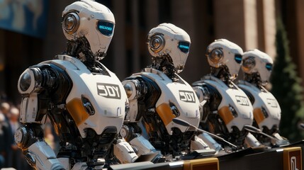 Fototapeta premium A row of white and black robots stand at podiums