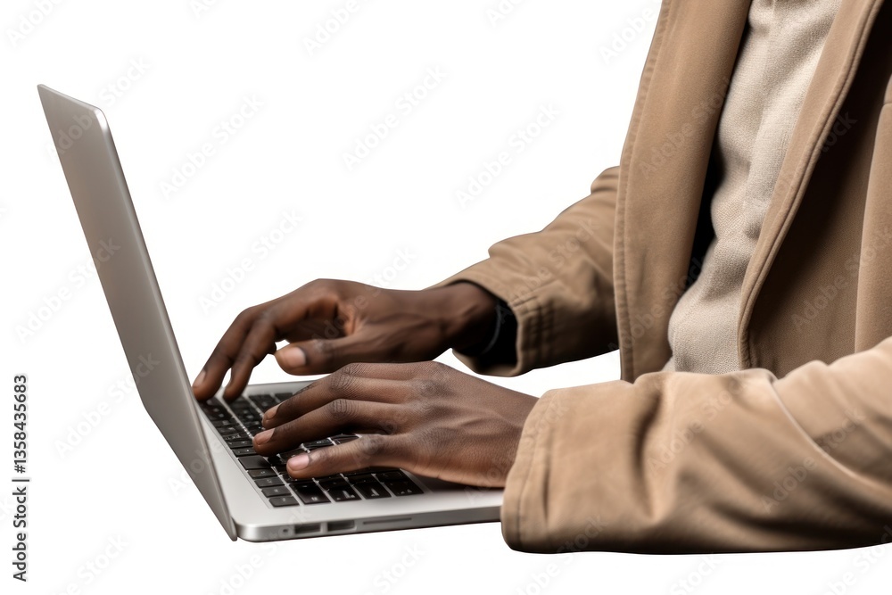 Poster man using laptop computer hand white background.