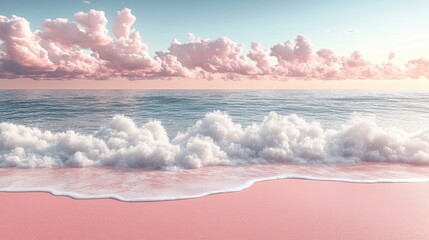 Pink beach sunset, ocean waves, cloudscape; idyllic vacation background