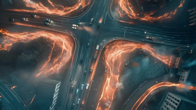 A dramatic aerial perspective showcases an entire intersection disintegrating into nothingness surrounded by swirling tendrils of dark energy. The bright headlights of vehicles illuminate