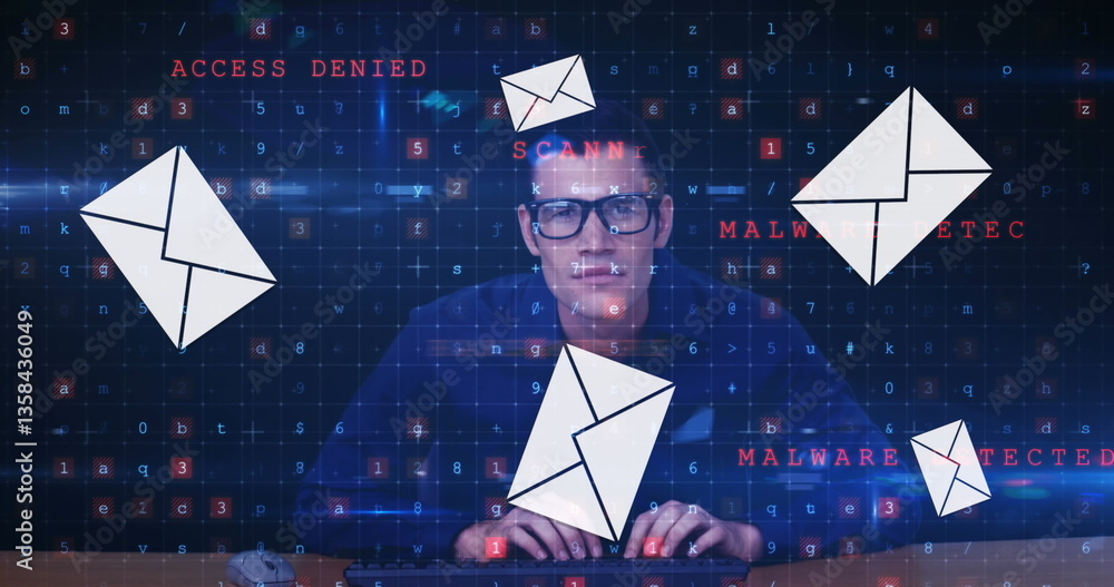 Poster cybersecurity expert analyzing digital threats on computer with floating email icons