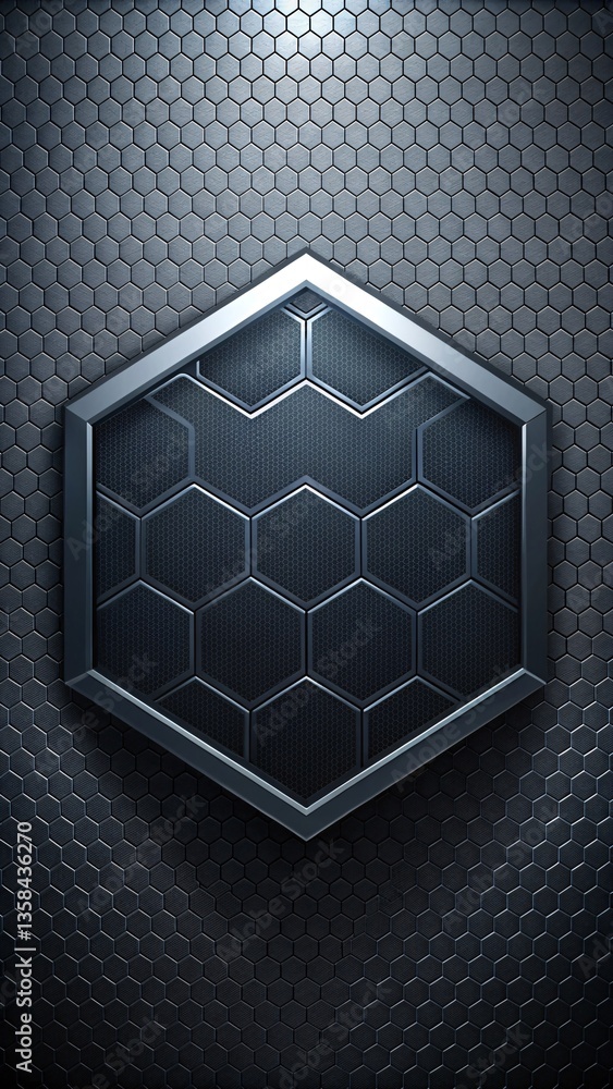 Poster abstract tech shield design: a sleek, modern graphic features a silver hexagonal frame encompassing 