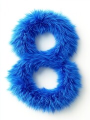 Close-up shot of the number eight (8) formed from bright blue, fluffy material resembling fur. The texture is highly detailed, showing individual strands. The background is pure white, providing high