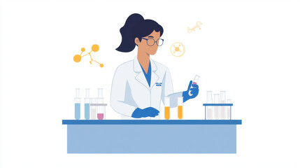 scientist in lab surrounded by test tubes and chemical formulas, wearing lab coat and gloves, examines test tube with focus and precision