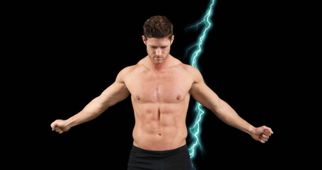 Obraz premium Muscular man flexing shirtless with lightning effect in background, looking powerful