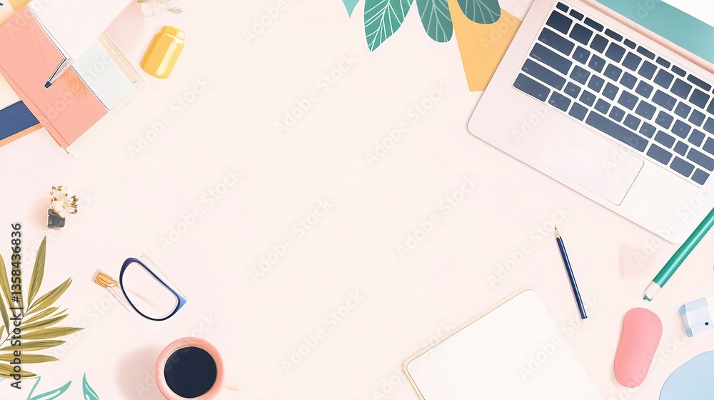 Poster minimalist workspace with computer and stationery on white table