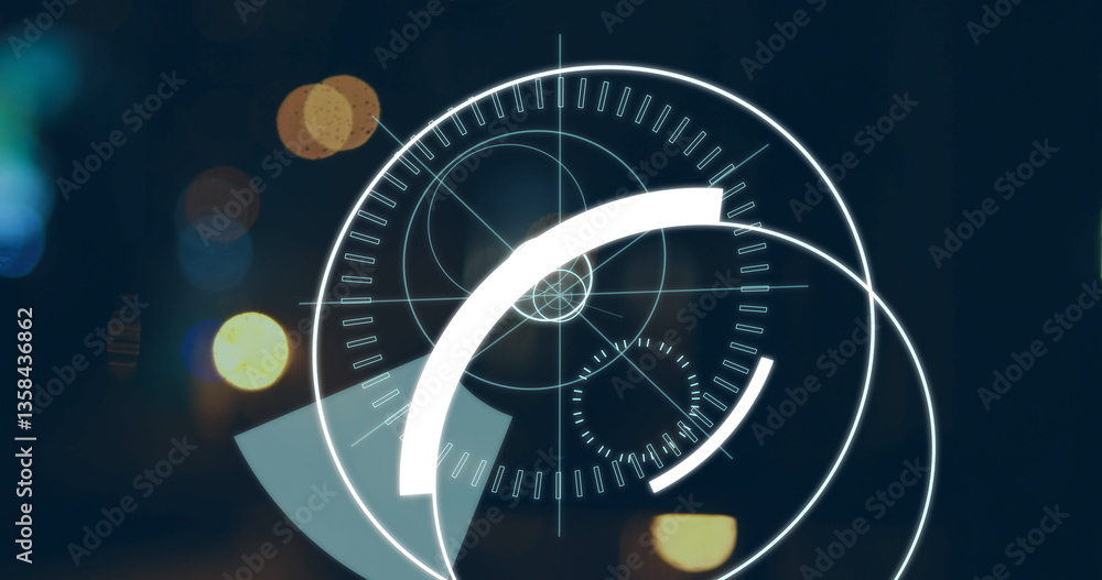 Poster futuristic digital interface with glowing circles and lines on dark background