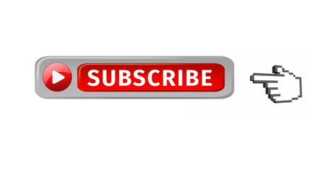 Pixelated hand cursor pointing to red subscribe button, promoting online engagement