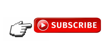 Clicking red subscribe button with play icon, hand encourages online engagement