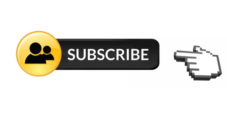 Subscribe button icon with pixelated hand cursor clicking for online engagement