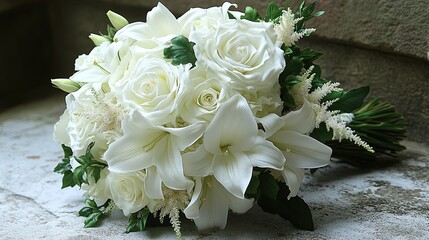 Elegant white floral bouquet on stone