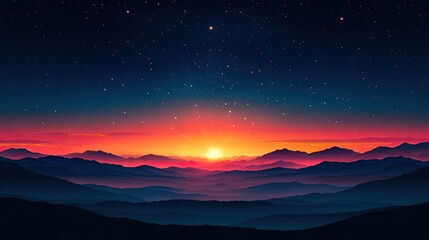Sunrise over majestic mountains, starlit sky. Peaceful nature scene for travel or desktop backgrounds