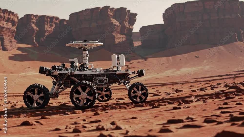 Poster robotic rover traversing rocky desert landscape on planet mars with massive stone formations in back
