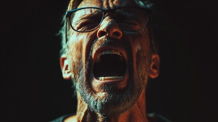 A man with glasses is screaming with his mouth open