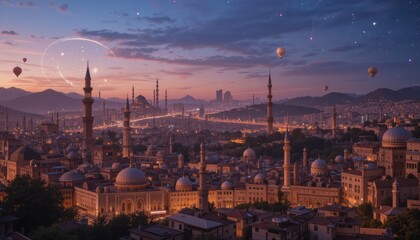 Naklejka premium panorama of prague background of eid al-fitr greetings