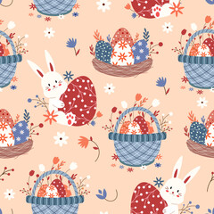 Seamless pattern with a bunny and Easter eggs and a basket. Vector illustration