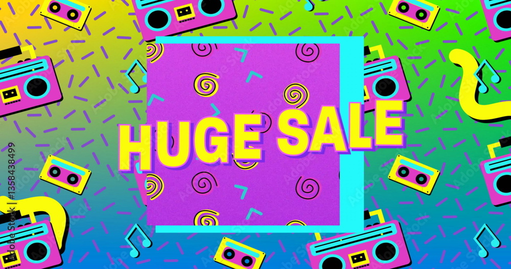 Poster colorful retro-themed background with bold huge sale text and playful patterns