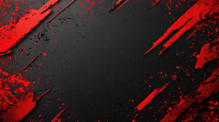 Grunge texture with red splatter paint on black background, creating dramatic and intense visual effect. This design is perfect for various creative projects, evoking sense of energy and boldness