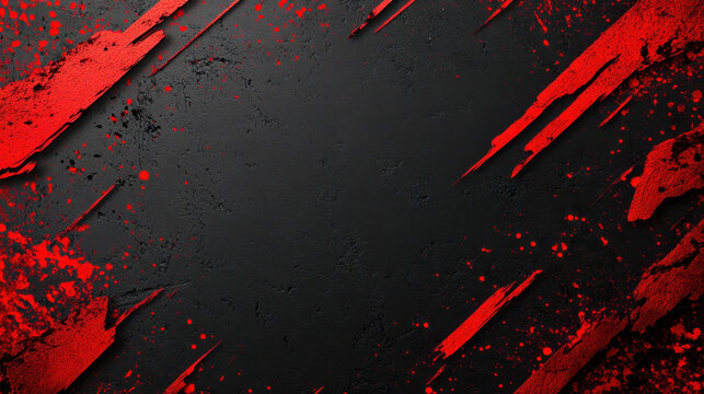 Grunge texture with red splatter paint on black background, creating dramatic and intense visual effect. This design is perfect for various creative projects, evoking sense of energy and boldness
