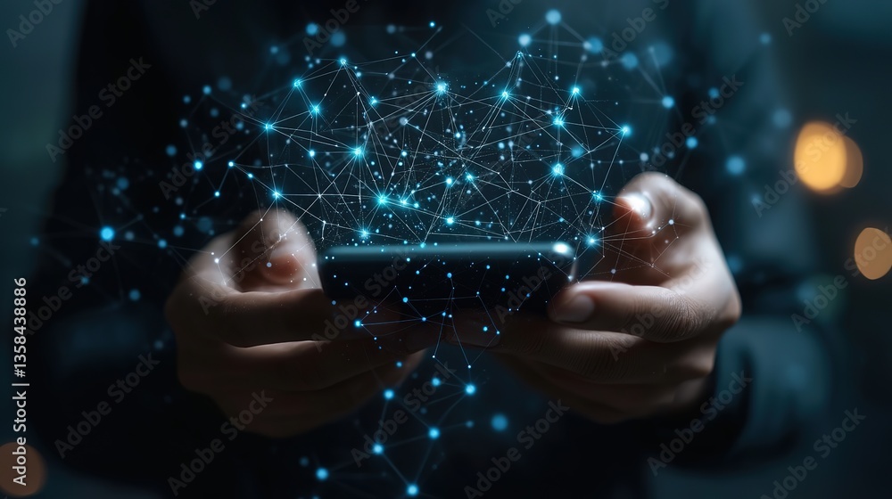 Poster businessman using smartphone with digital network connections, growth graph, and data icons for cust