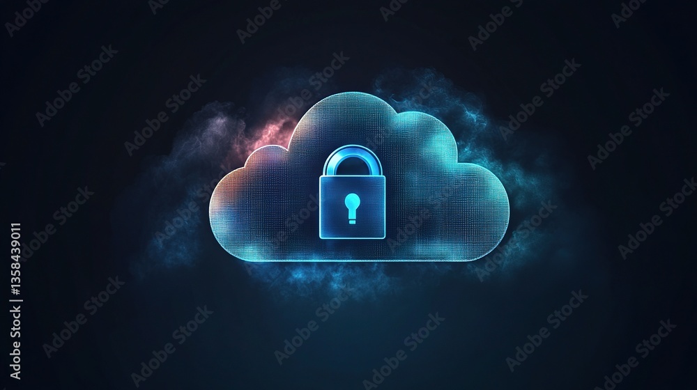 Poster secure cloud storage concept with digital lock and technology background