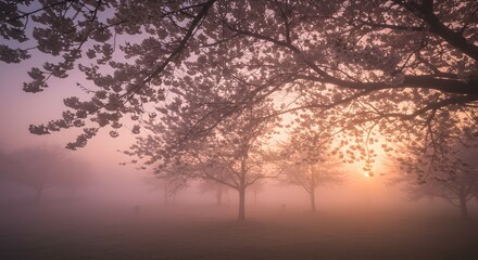 Captivating Spring Sunrise Through Cherry Blossom Trees in a Foggy Park
