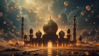 mosque in the night background of eid al-fitr greetings