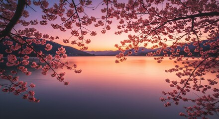 Captivating Cherry Blossom Trees Framing Serene Lake at Sunset