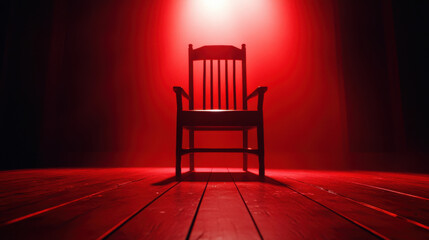 solitary wooden chair sits in dimly lit space, illuminated by haunting red light that casts eerie shadows. atmosphere evokes sense of suspense and mystery, perfect for horror themed setting